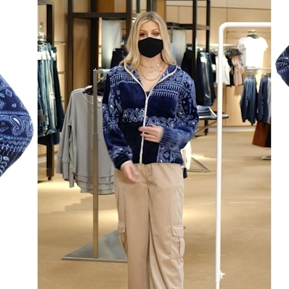 Nordstrom BP Faux Shearling Plush Fleece Blue Bandana Paisley Print Jacket Med - Picture 5 of 15